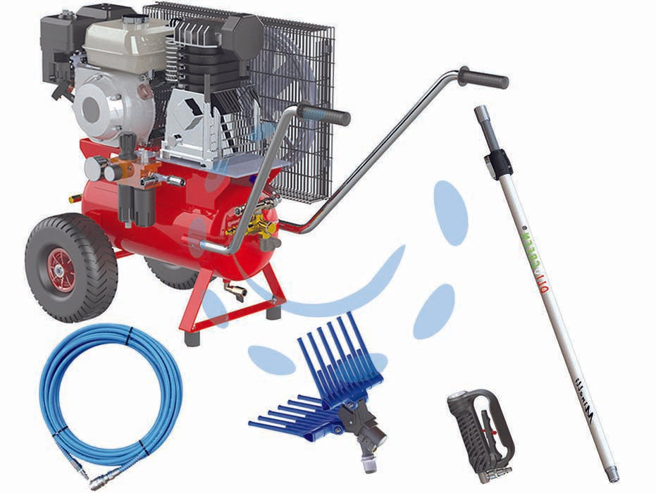 Motocompressore in kit enercomp 55/24 gp k carrellato - motore benzina HONDA GP 160 e pompa ABAC PAT 38B, equipaggiato con gruppo FR + L METAL WORK, presa aria pulita, valvola di si...