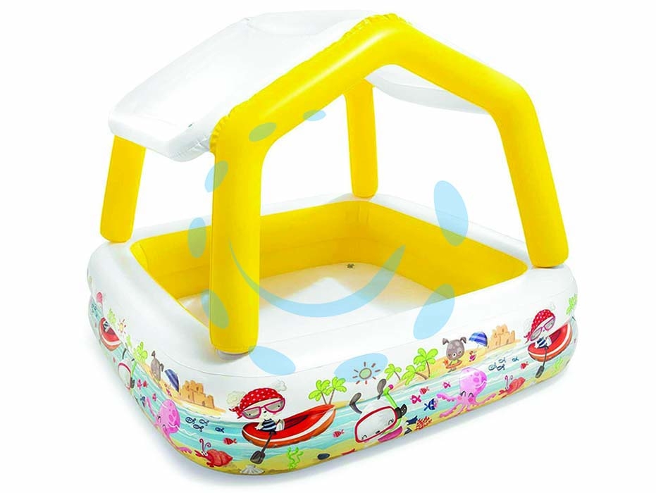 Piscina gonfiabile quadra  acquario con parasole  +2  anni - cm.157x157x122h. - peso kg.3,80 (57470) - in vinile spessore mm.0,25, con tettino parasole removibile, capienza d'acqua lt.295, kit corredo di riparazione