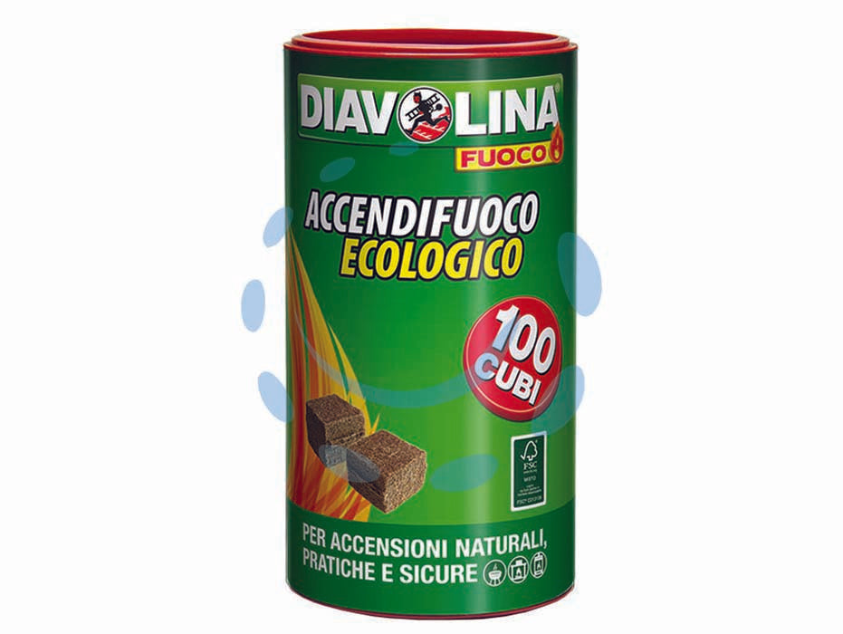 Diavolina ecologica in box 100 pz. - conf. 100 pz - accendifuoco ecologici Diavolina, a base di legno e paraffina, prodotto certificato FSC, proveniente da energie rinnovabili