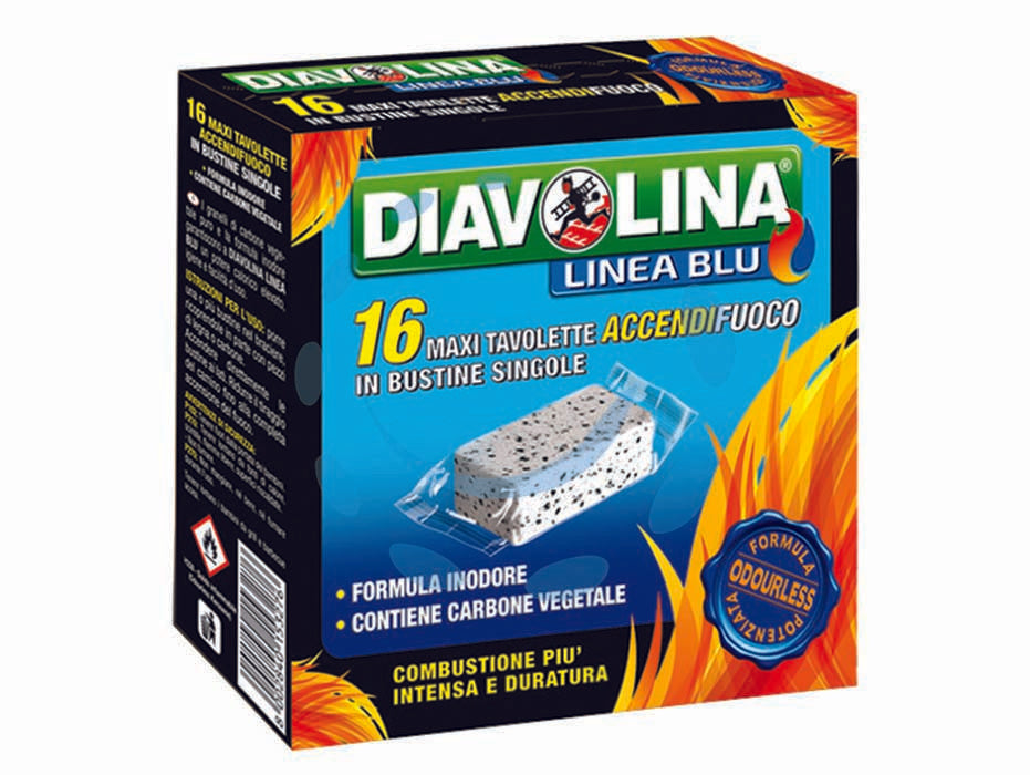 Diavolina accendifuoco lignite - conf. 16 tavolette maxi - nuova formula inodore, ideale per camini e barbecue, maxi tavolette potenziate con carbone vegetale, offrono una combustione ...