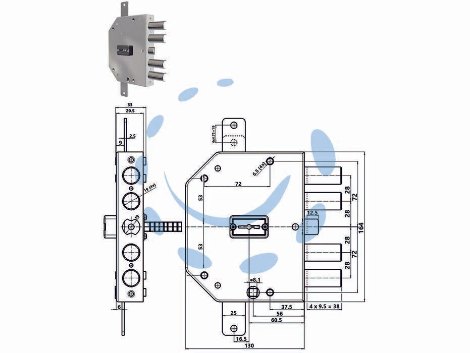 Serratura triplice applicare con scrocco doppia mappa blindate 2155mrx - mm.60 DX (2155MRX) - con chiavi brevettate e dispositivo NO ENTRY, versione ad applicare con scrocco, per porte blindate, interasse mm.28, con 3 c...