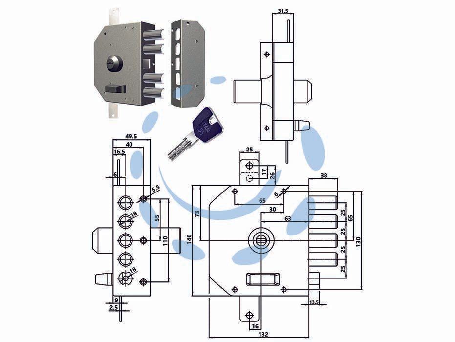 Serratura triplice applicare c/scrocco a pompa ch. piatta k55 3250k55 - cilindro 60 DX (3250K55) - con chiave reversibile K55, cilindro mm.29 sul lato esterno, calotta sul lato interno, con scrocco, catenaccio mm.38, dotazio...