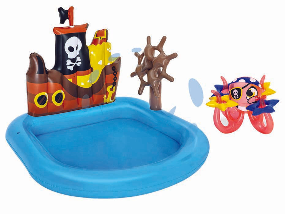 Piscina con giochi gonfiabile nave pirati +2 anni - cm.140x130x104h. - (art.52211) - con polpo e accessori gonfiabili