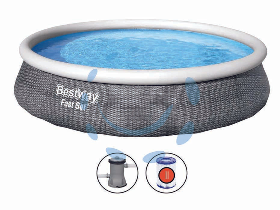 Piscina fast set autoportante tonda cm.457x84h. - kg.23,3 - lt.9.677- filtro cartuccia (art.57313) - il telo è realizzato in PVC poliestere triplo strato, compresa pompa di filtraggio a cartuccia con tubi e raccordi, tensione ...