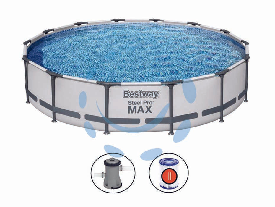 Piscina steel pro max tonda con telaio portante cm.427x84h. - kg.33,5 -lt.10.220 -filtro cartuccia (art.56595) - il telo è realizzato in PVC poliestere triplo strato, la struttura portante è composta da strutture in acciaio zincato e vern...