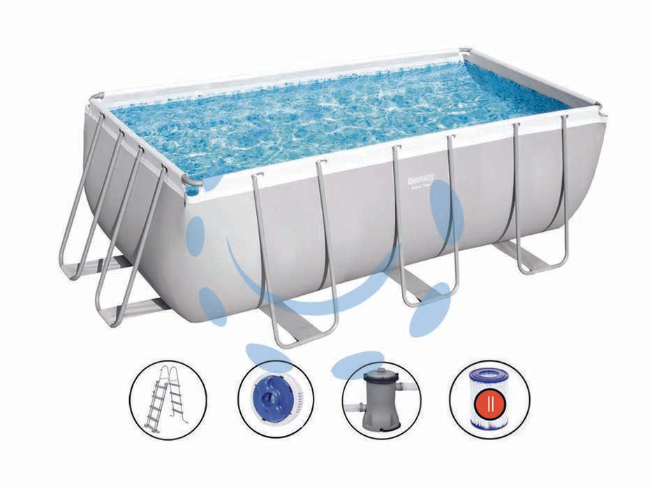 Piscina power steel rettangolare con telaio portante cm.412x201x122h. - kg.73,5 - lt.8.124 - filtro cartuccia(art.56456) - il telo è realizzato in PVC poliestere triplo strato, la struttura portante è composta da strutture in acciaio zincato e vern...