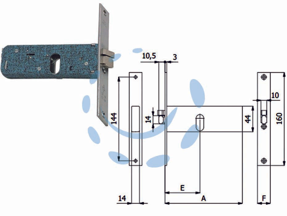 Elettroserratura da infilare per fasce mm.44 h 399 - mm.60 DX (399) - scatola e coperchio in acciaio zincato e plastificato, Frontale da mm.16x3x105 in acciaio nichelato e cromato, Scrocco in leg...