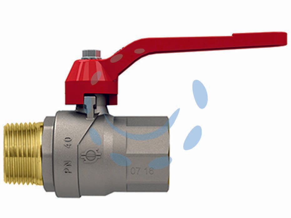 Valvola a sfera m/f con maniglia  a leva evolution - MF 1'1/4 - pressione esercizio 25 bar - corpo in ottone nichelato, con maniglia a leva in alluminio verniviata rossa, attacchi filettati maschio/femmina, temperatua ...