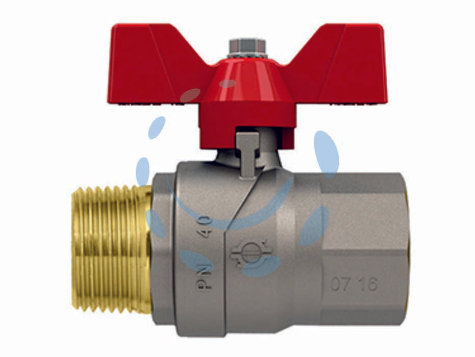 Valvola a sfera m/f con maniglia a farfalla evolution - MF 1' - pressione esercizio 30 bar - corpo in ottone nichelato, con maniglia a farfalla in alluminio verniviata rossa, attacchi filettati maschio/femmina, tempera...