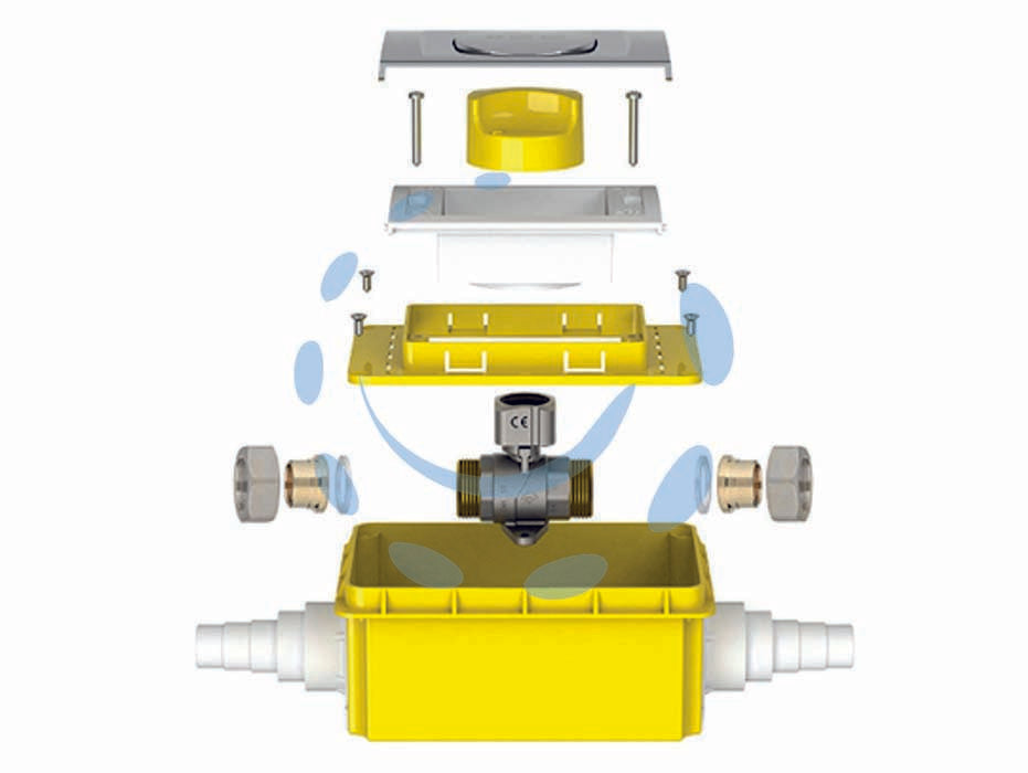 Valvola a sfera da incasso gas-box a saldare - codoli ø mm.14 - corpo in ottone con attacco 3/4' completa di 2 kit attacco a saldare in ottone, manopola a scomparsa e portina cromata, box i...