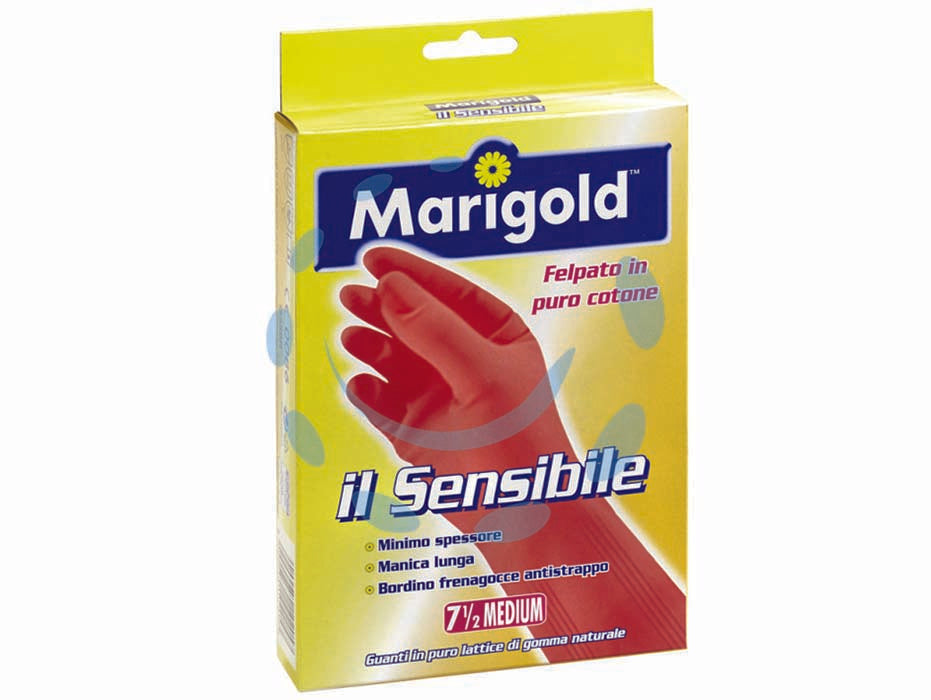 Guanti domestici sensibili marigold - misura 6,5 - Guanto in lattice dal minimo spessore per un’elevata sensibilità, felpato in puro cotone, con la manica lunga e bordino frena...