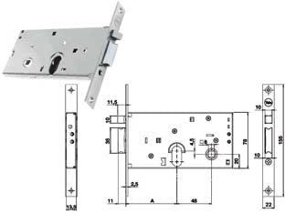 Elettroserratura infilare per fasce solo scrocco mm.78 h 85500 - mm.58 (Y8550058080) - per fascia alta, frontale in acciaio inox, scatola in acciaio zincato, solo scrocco reversibile, pistone di ricarica reversib...