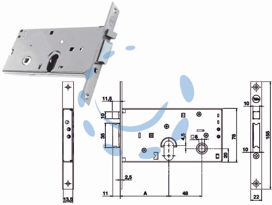 Elettroserratura infilare per fasce solo scrocco mm.78 h 85500 - mm.58 (Y8550058080) - per fascia alta, frontale in acciaio inox, scatola in acciaio zincato, solo scrocco reversibile, pistone di ricarica reversib...