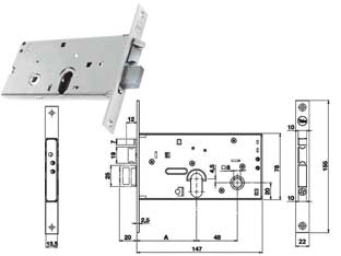 Elettroserratura da infilare per fasce caten. e scr. mm.78 h 85700 - mm.70, 2 mandate (Y8570070080) - per fascia alta, frontale in acciaio inox, scatola in acciaio zincato, catenaccio con scrocco separato e pistone di ricarica ...