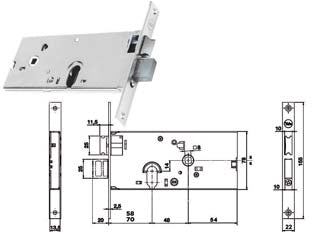 Serratura da infilare per fasce catenaccio e scrocco mm.78 h 86500 - mm.58 a 2 mandate (Y8650058080) - per fascia alta, frontale in acciaio inox, scatola in acciaio zincato, catenaccio con scrocco separato reversibile con richia...