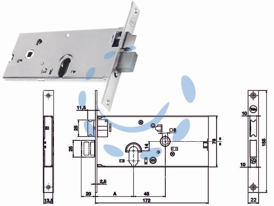 Serratura da infilare per fasce catenaccio e scrocco mm.78 h 86500 - mm.58 a 2 mandate (Y8650058080) - per fascia alta, frontale in acciaio inox, scatola in acciaio zincato, catenaccio con scrocco separato reversibile con richia...