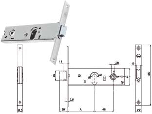 Serratura da infilare per fasce catenaccio e scrocco mm.44 h 87500 - mm.58 a 1 mandata (Y8750058080) - per fascia stretta, frontale in acciaio inox, scatola in acciaio zincato, catenaccio con scrocco incorporato reversibile con ...