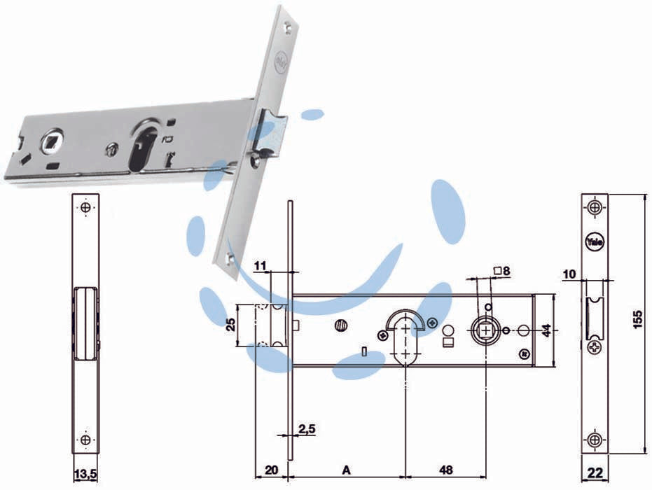 Serratura da infilare per fasce catenaccio e scrocco mm.44 h 87500 - mm.58 a 1 mandata (Y8750058080) - per fascia stretta, frontale in acciaio inox, scatola in acciaio zincato, catenaccio con scrocco incorporato reversibile con ...