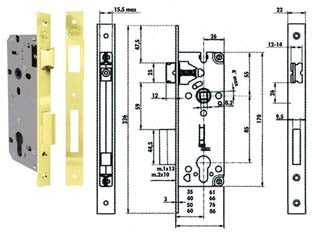 Serratura da infilare a cilindro bordo quadro ottonato 52x - mm.35 (Y52X0035) - scatola in acciaio verniciato con fori passanti a norma DIN per l'applicazione di rosette di sicurezza, frontale e contropias...