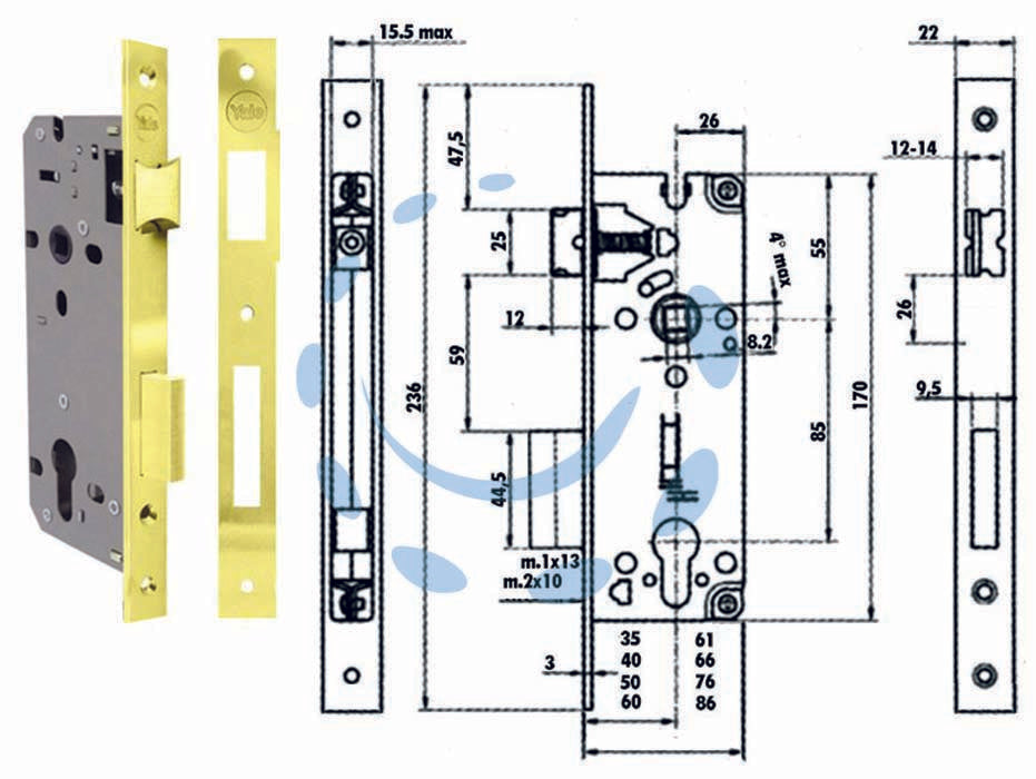 Serratura da infilare a cilindro bordo quadro 52x - mm.35 (Y52X0035) - scatola in acciaio verniciato con fori passanti a norma DIN per l'applicazione di rosette di sicurezza, frontale e contropias...