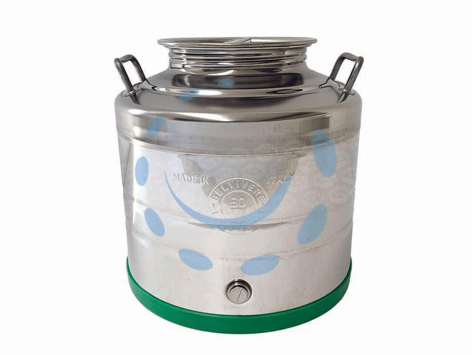 Fusto inox per olio saldato lt.30 - in acciaio inox 18/10 AISI 304 con maniglie, fondo a pentola, tappo a vite e attacco rubinetto, protezione in plastica sul fo...