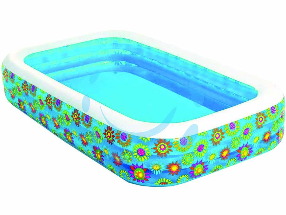 Piscina gonfiabile family rettangolare 3 anelli  +6 anni - cm.305x183x56h. - peso kg.8 (art.54121) - realizzata in vinile NP, spessore plastica mm.0,32, costruzione molto robusta, valvola per scarico aria rapido, capienza d'ac...