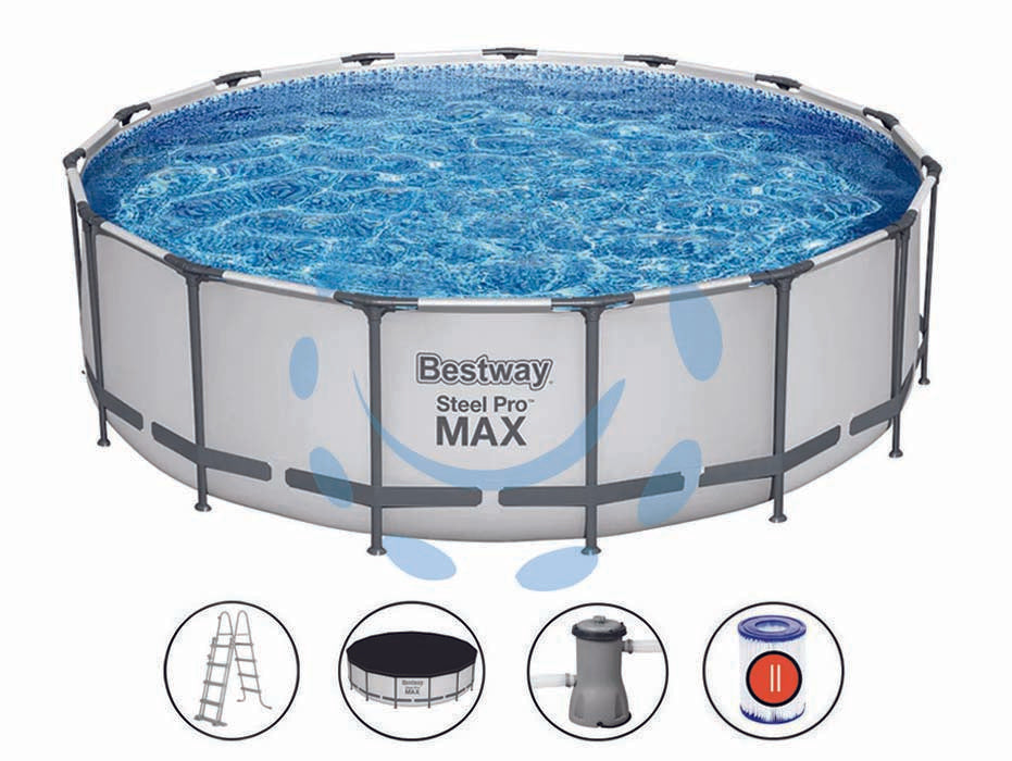 Piscina steel pro max tonda telaio portante cm.457x122h. - kg.65,3 - lt.16.015 -filtro cartuccia(art.56438) - il telo è realizzato con tre strati sovrapposti in PVC, la struttura portante è composta da strutture in acciaio zincato e ve...