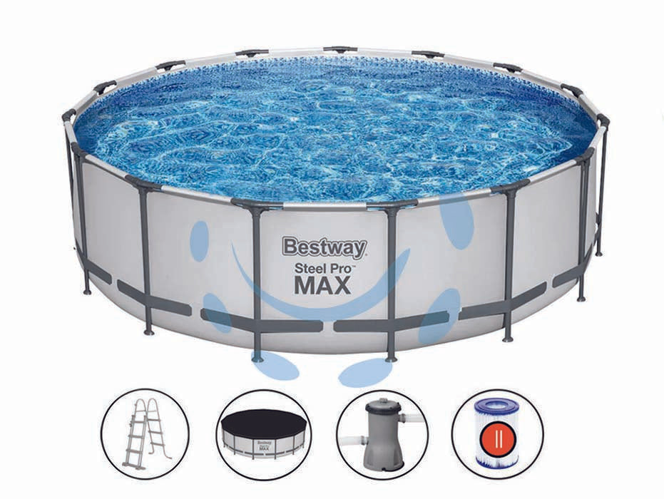 Piscina steel pro max tonda con telaio portante cm.427x122h. -kg.60,1 -lt.15.232 - filtro cartuccia (art.5612X) - il telo è realizzato in PVC poliestere triplo strato, la struttura portante è composta da strutture in acciaio zincato e vern...