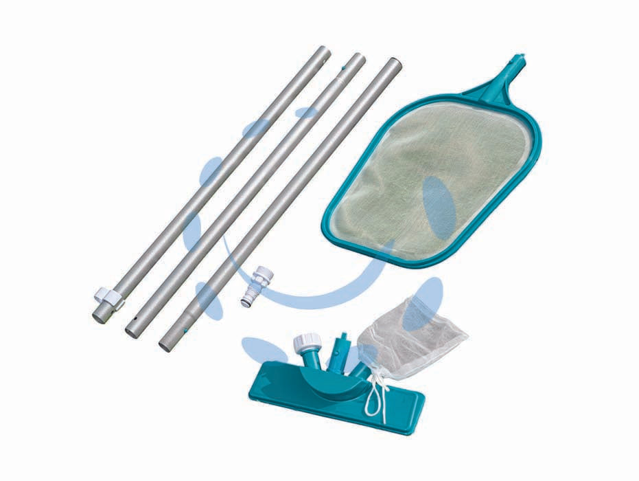 Kit pulizia per piscine standard - Kg.1,080 (art.58013) - asta leggera lunghezza 1,74 mt.con sacchetti per l'aspirazione e setaccio intercambiabili, l'aspiratore ha una testina pulent...