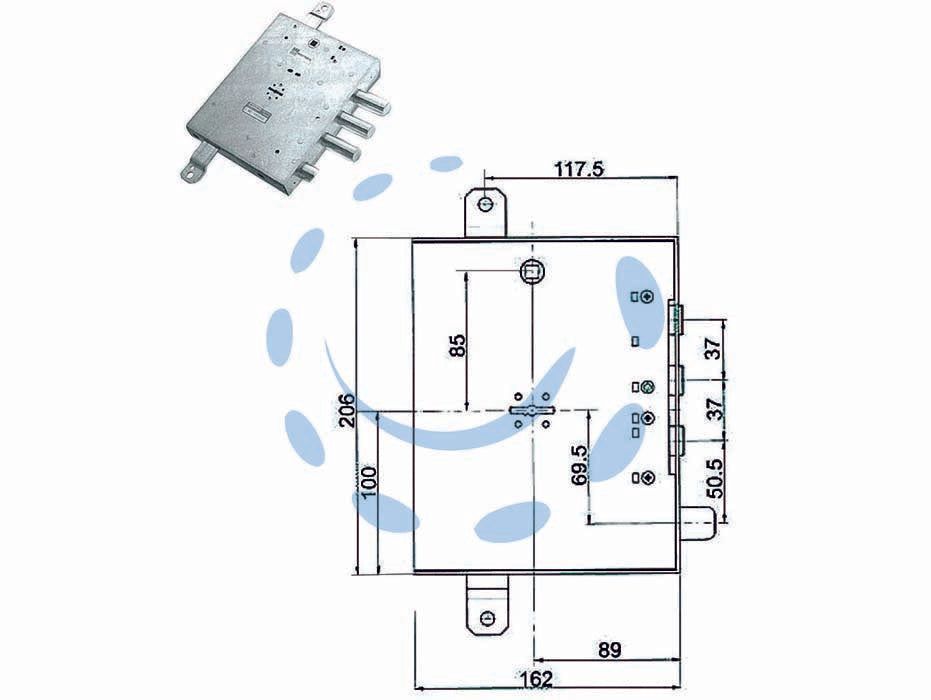 Serratura tripl. applicare scrocco d/mappa blind. gardesa 89r571gd/17 - mm.89 DX (89R571GD/17  DX) - scatola in acciaio zincato, catenacci e scrocco a pistoni con interasse mm.37 in acciaio cromato, 4 mandate, scrocco azionato...