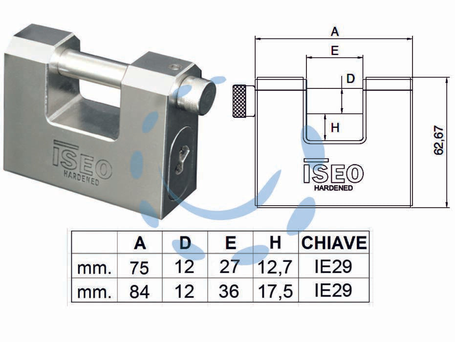 Lucchetto in acciaio rettangolare una bocca clarus - mm.75 (P2407513S) - corpo monoblocco in acciaio carbonitrurato, stelo in acciaio cementato ø mm.12, bloccaggio stelo con sfera, adatto per serran...