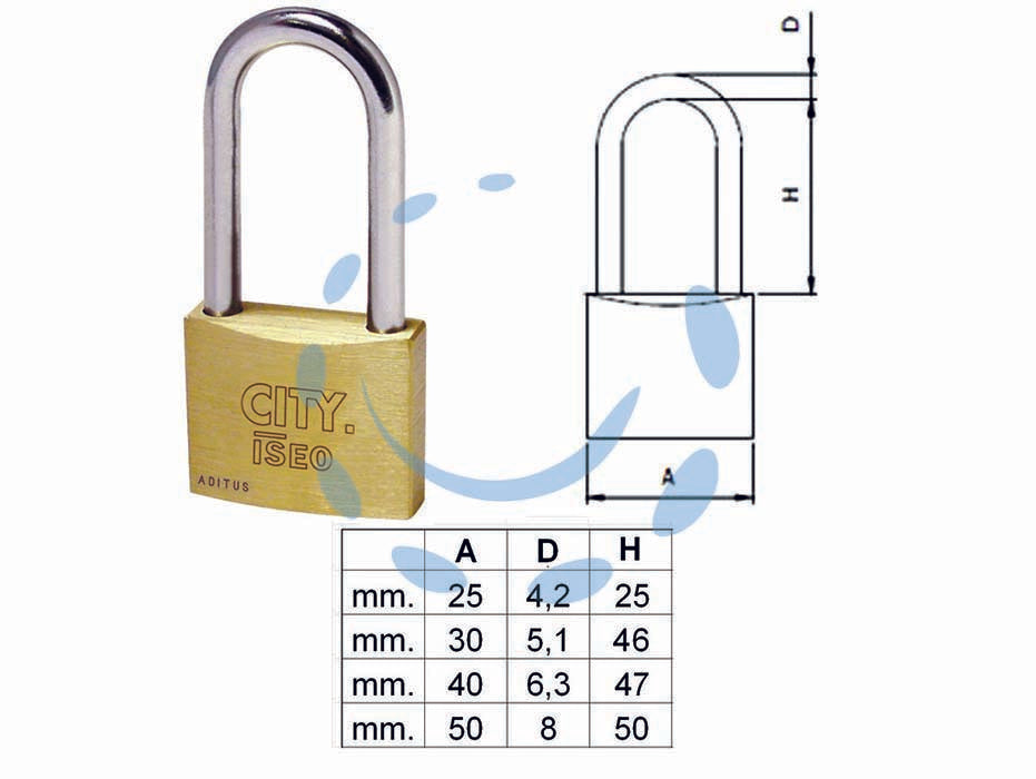 Lucchetto ottone arco lungo aditus city p700 - mm.40 KA (P70040477.K1) - corpo monoblocco in ottone satinato e verniciato, arco in acciaio temperato e cromato, dotazione 2 chiavi