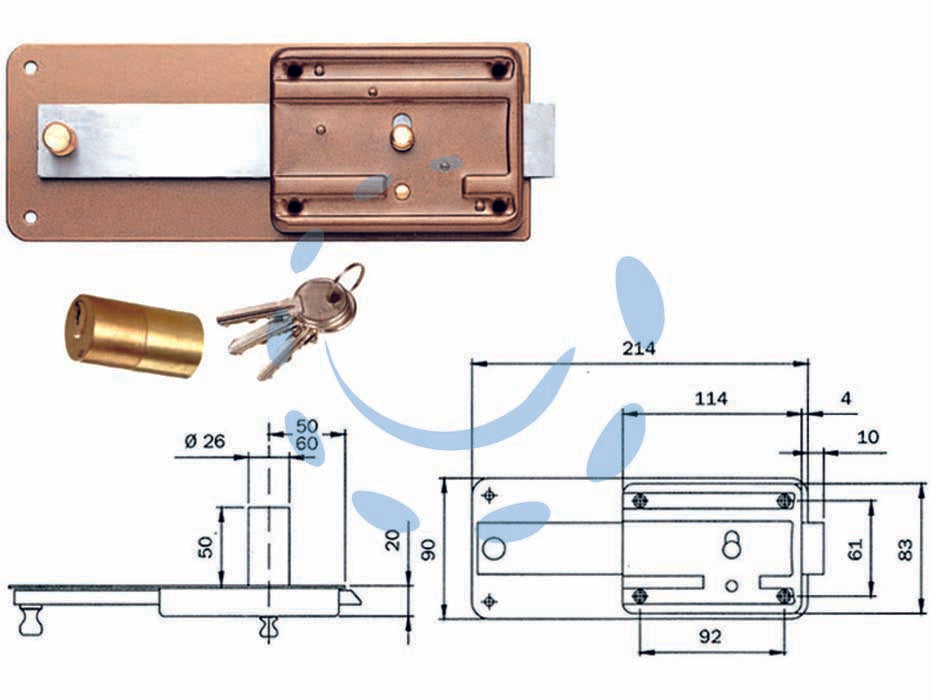 Ferroglietto p/ferro catenaccio 5 mand. e scr. cil. fisso s/contr. 315 - mm.50 (315505) - serratura da applicare per porte in ferro con pomolo dblocca catenaccio interno e cilindro fisso ø mm.26x50 esterno, 3 chiavi...