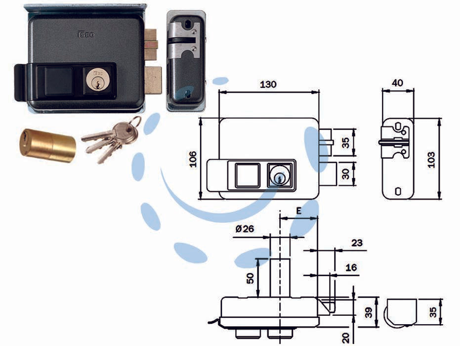 Elettroserratura per cancelli con tetto foro variabile 53n515 - mm.50-80 DX (53N5151) - elettroserratura da applicare verniciata, 12V AC 15W, cilindro interno, cilindro fisso ø mm.26x50 esterno, 2 mandate, scrocco...