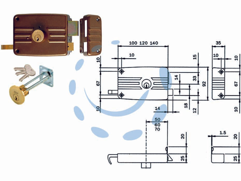 Serratura da portoncino caten. e scr. cil. stacc. + cil. int. 421/422 - mm.50 SX 2 mandate (422502) - scatola e bocchetta in acciaio verniciato, serratura da applicare per porte in legno, catenaccio con cilindro interno e scroc...