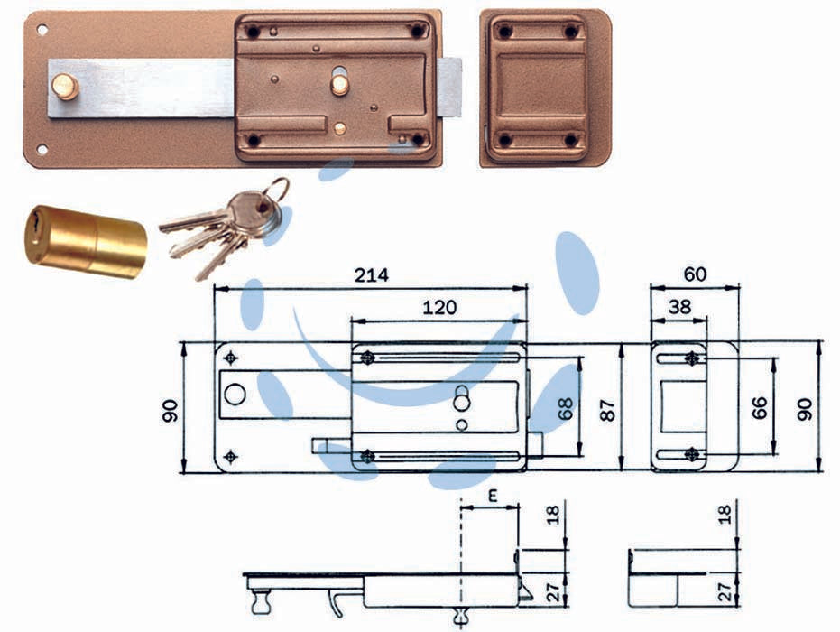 Ferroglietto con catenaccio 5 mandate scrocco cilindro fisso 330 - mm.50 (330505) - serratura da applicare per porte in legno con pomolo sblocca catenaccio e cilindro fisso ø mm.26x50 esterno, 3 chiavi, catena...