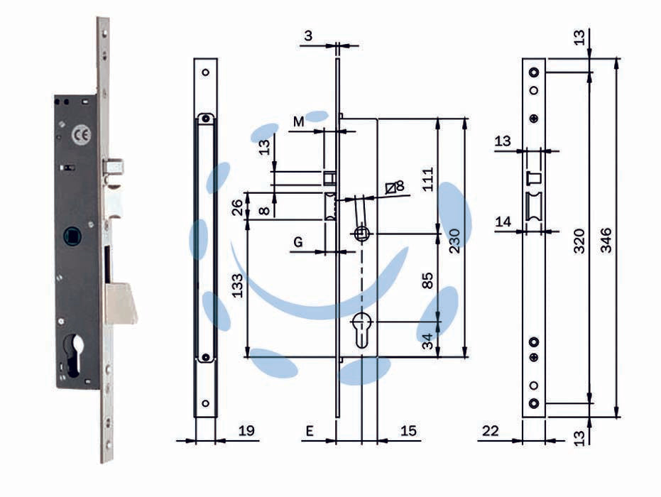 Elettroserratura infilare montanti con caten. quadro e scrocco 78180 - mm.30 (781802302) - elettroserratura da infilare per montanti per cilindro a profilo europeo (non compreso) , chiusura laterale, 12V AC/DC, front...