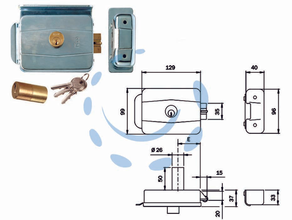 Elettroserratura per cancelli con tetto reversibile 505 - mm.50 (505504) - da applicare destra o sinistra zincata per ferro, 12V AC 15W, cilindro interno e cilindro fisso ø mm.26x50 esterno, scrocco a...