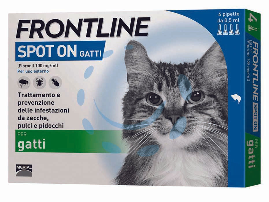 Frontline spot-on per gatti - in confezione da 4 pipette - è una soluzione antiparassitaria in forma spot-on per gatti, facile da applicare, grazie al principio attivo Fipronil protegg...