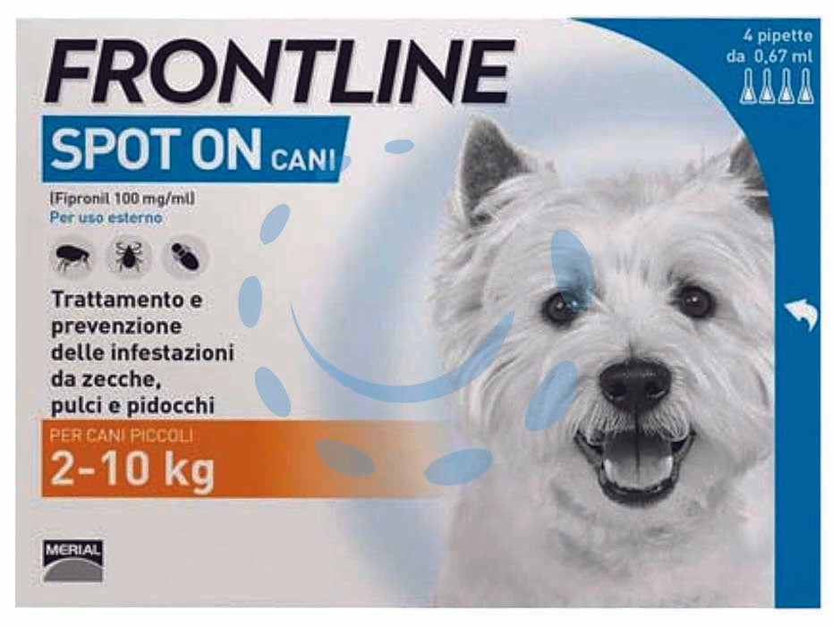 Frontline spot-on per cani piccoli e cuccioli - in confezione da 4 pipette - per cani da Kg.2 a Kg.10, è una soluzione antiparassitaria in forma spot-on per cani, facile da applicare, grazie al principi...