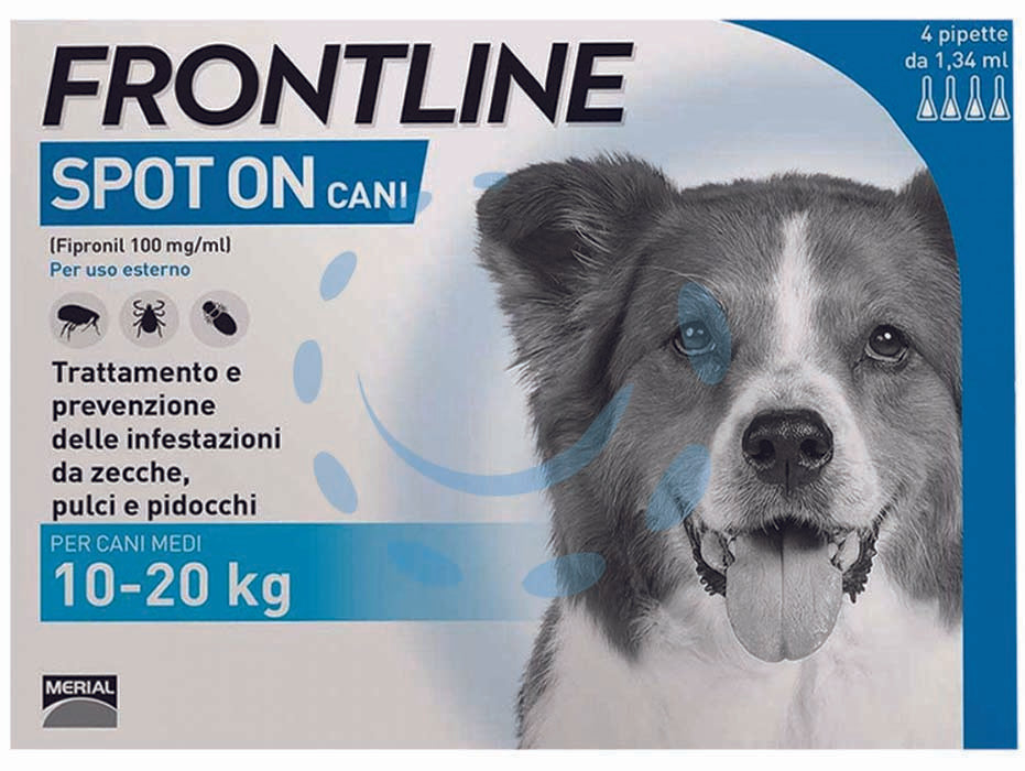 Frontline spot-on per cani medi - in confezione da 4 pipette - per cani da Kg.10 a Kg.20, è una soluzione antiparassitaria in forma spot-on per cani, facile da applicare, grazie al princip...