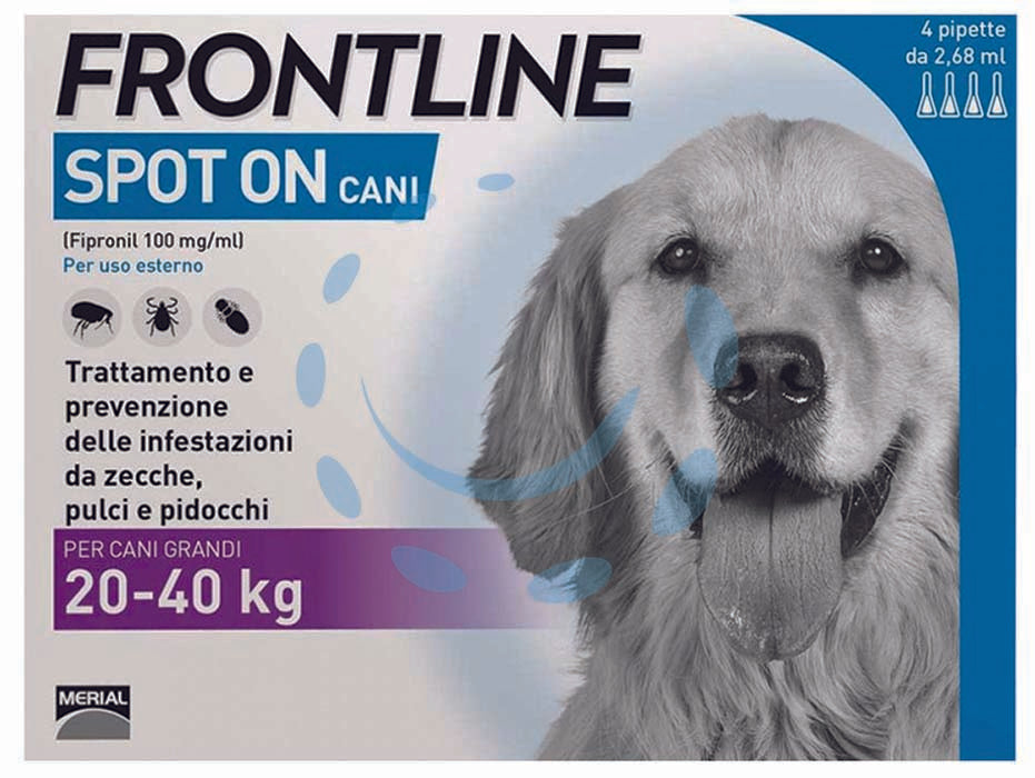 Frontline spot-on per cani grandi - in confezione da 4 pipette - per cani da Kg.20 a Kg.40, è una soluzione antiparassitaria in forma spot-on per cani, facile da applicare, grazie al princip...