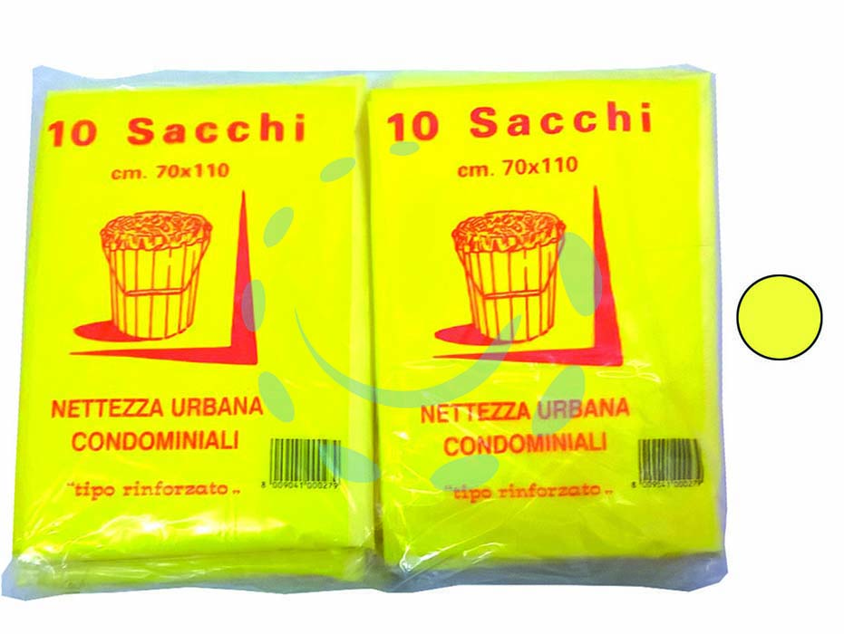 Sacco condominiale rinforzato giallo  pz.10 - cm.70x110 gr.75 - alta elasticità del materiale, doppia saldatura, capacità di contenimento dei liquidi