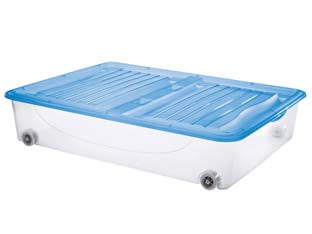 Contenitore dodos stock-box con coperchio e ruote - cm.79x59x16,9h. lt.56 - box trasparente, coperchio azzurro