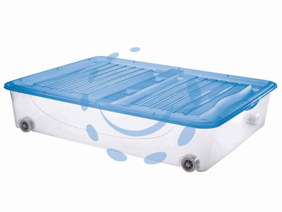 Contenitore dodos stock-box con coperchio e ruote - cm.79x59x16,9h. lt.56 - box trasparente, coperchio azzurro