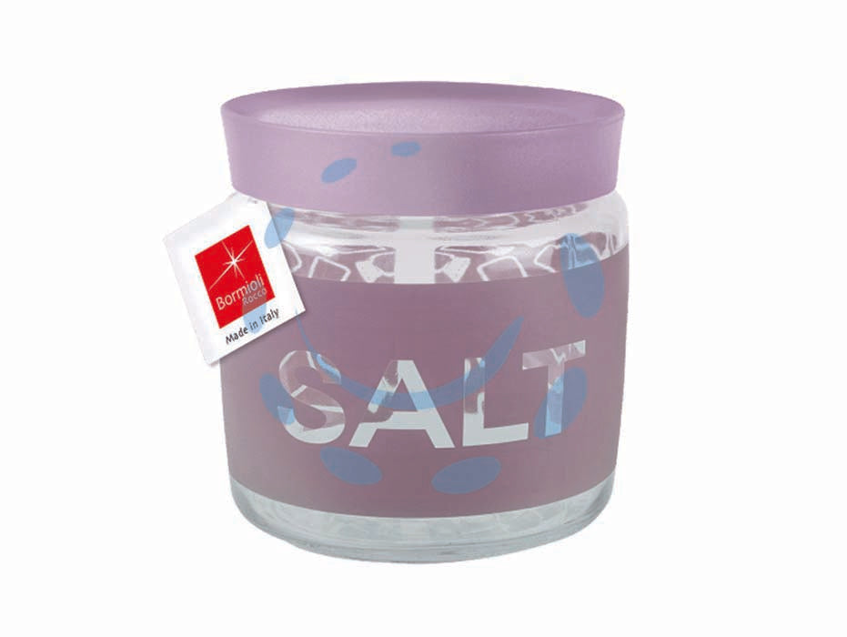 Barattolo giara soft salt - ø mm.106 cl.75 - altezza mm.126 - con tappo in plastica, chiusura a pressione, vetro trasparente, lavabile in lavastoviglie, colore lilla