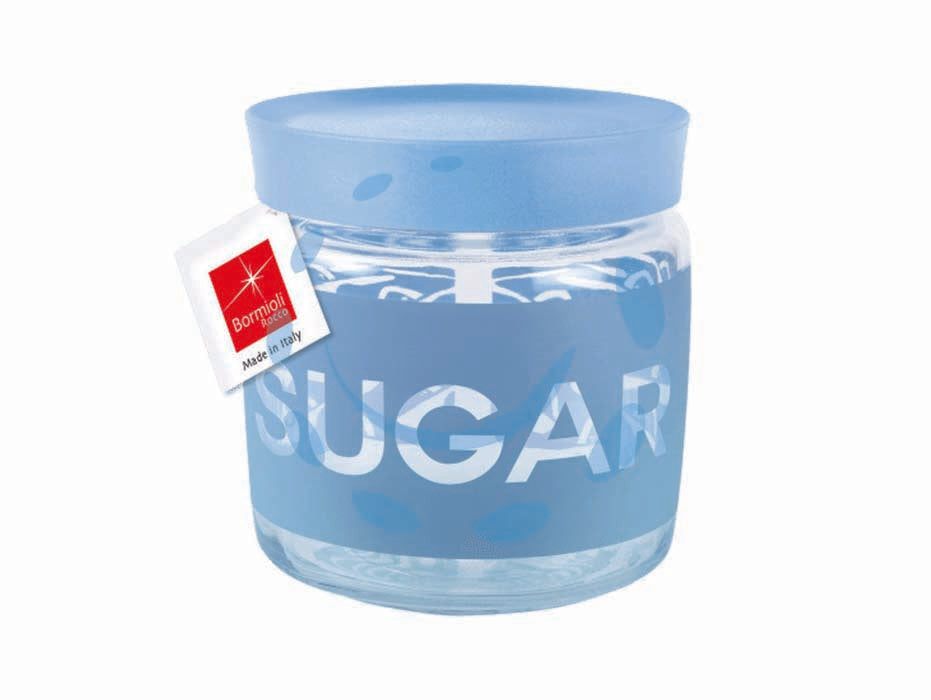 Barattolo giara soft sugar - ø mm.106 cl.75 - altezza mm.126 - con tappo in plastica, chiusura a pressione, vetro trasparente, lavabile in lavastoviglie, colore azzurro