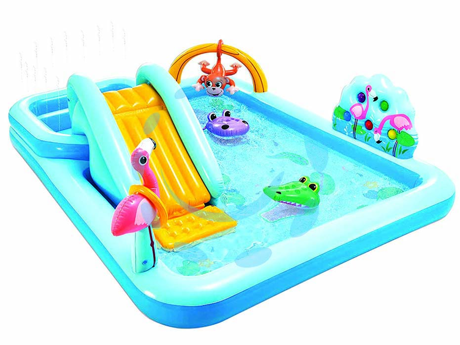 Piscina gonfiabile jungle adventure play center +2 anni - cm.244x198x71h. - peso kg.7,10 (57161) - in vinile spessore mm.0,30, due piscine in una, una piccola e una grande, comprensiva di scivolo, palme gonfiabili, pupazzi g...