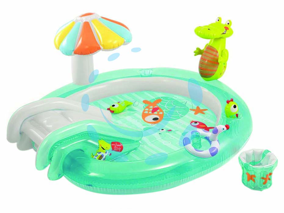 Piscina gonfiabile gator play center   +2 anni - cm.201x170x84h. - peso kg.3,9 (57165) - in vinile spessore mm.0,28, predisposto di attacco per l'inserimento del tubo acqua, divertimento assicurato con acqua scivol...