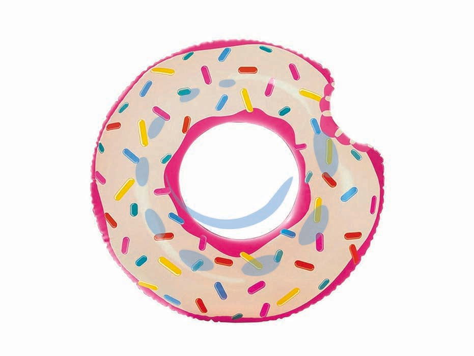 Salvagente gonfiabile ciambella donut con zuccherini arcobal. +9 anni - cm.107x99 - peso kg.0,58 (56265) - in vinile spessore mm.0,25, colore fucsia con zuccherini arcobaleno, kit corredo di riparazione